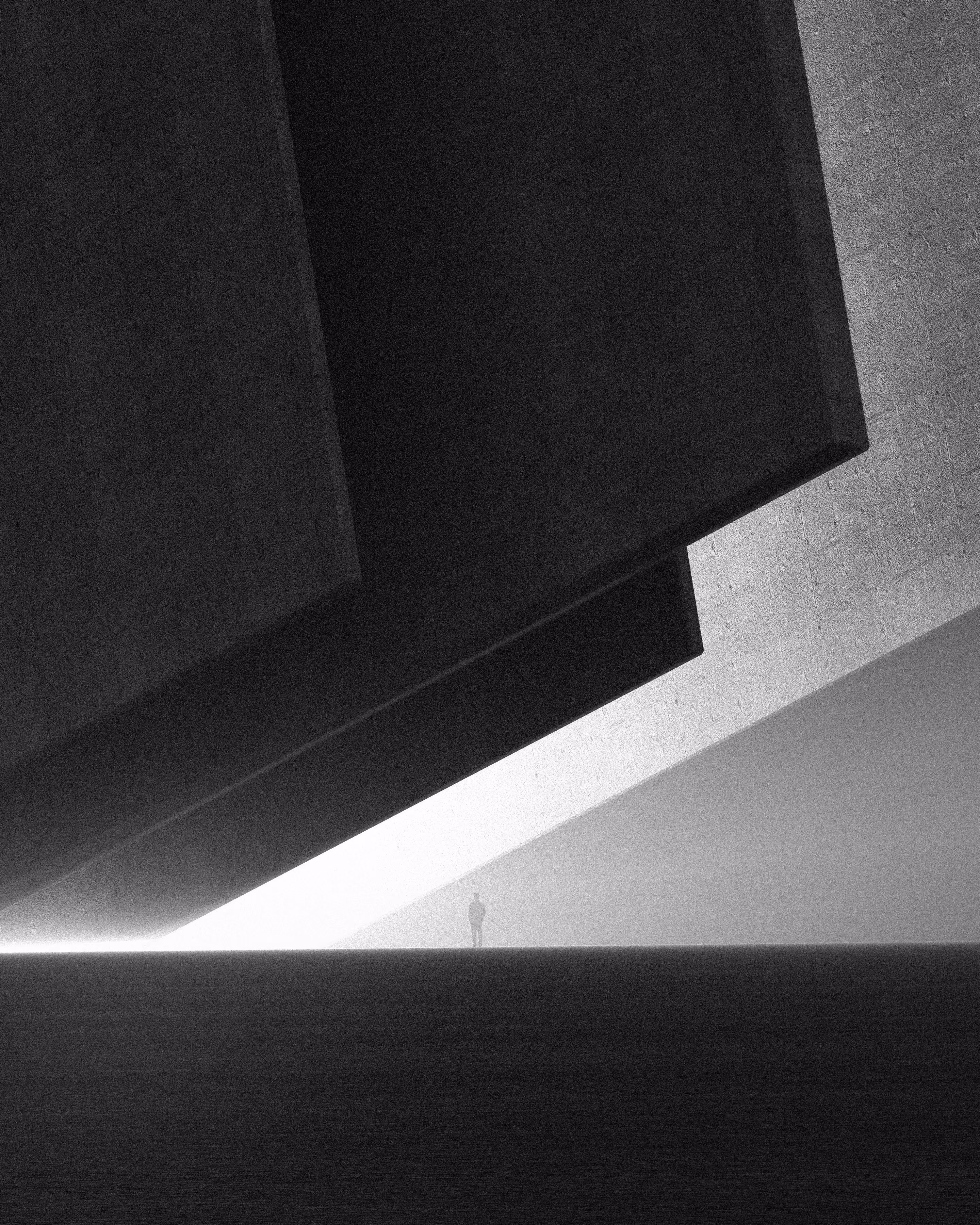A distant figure stands in a blade of daylight beneath the cantilevered mass of a concrete building.