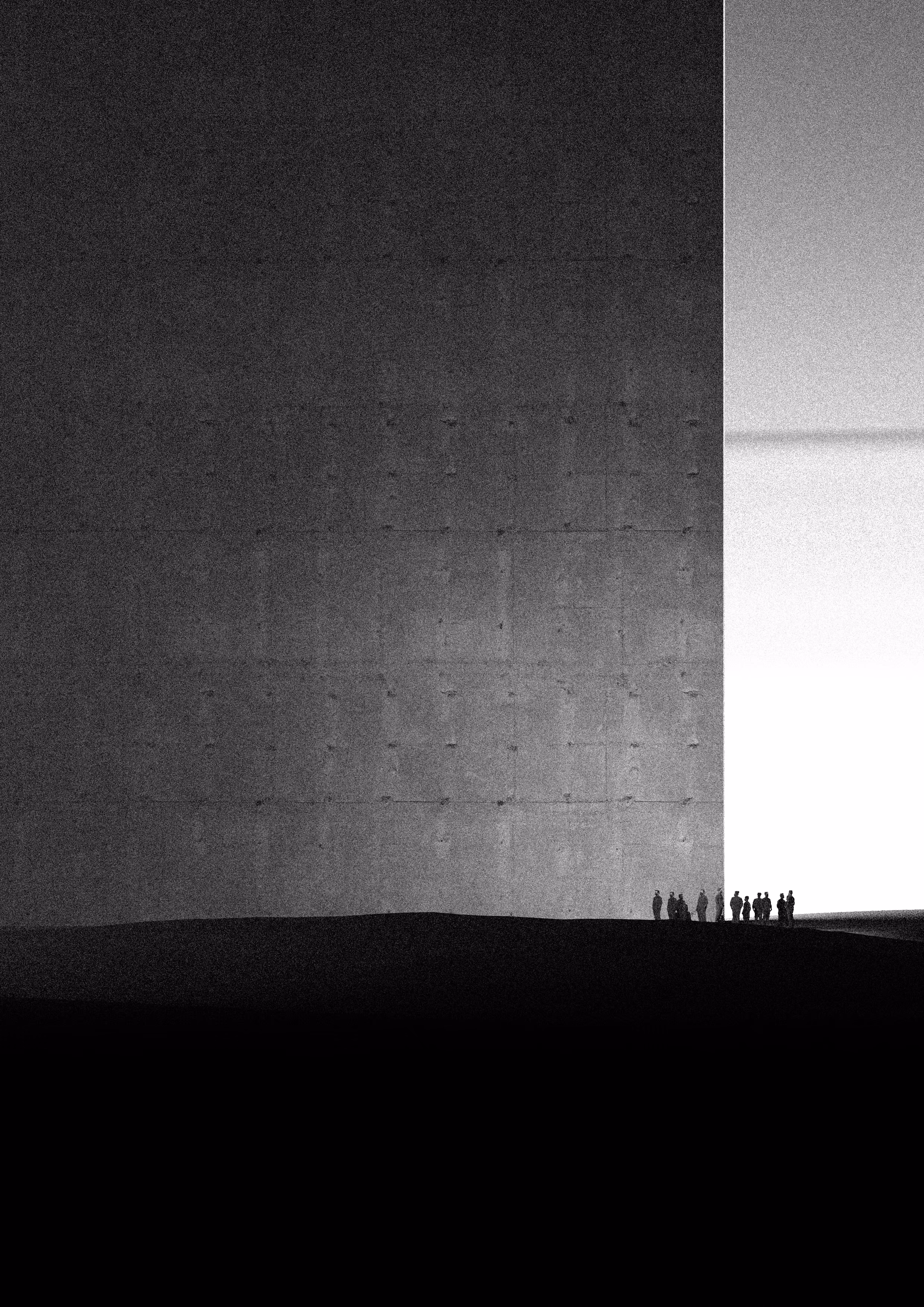 A group of people standing at the edge of a monumental illuminated concrete space.