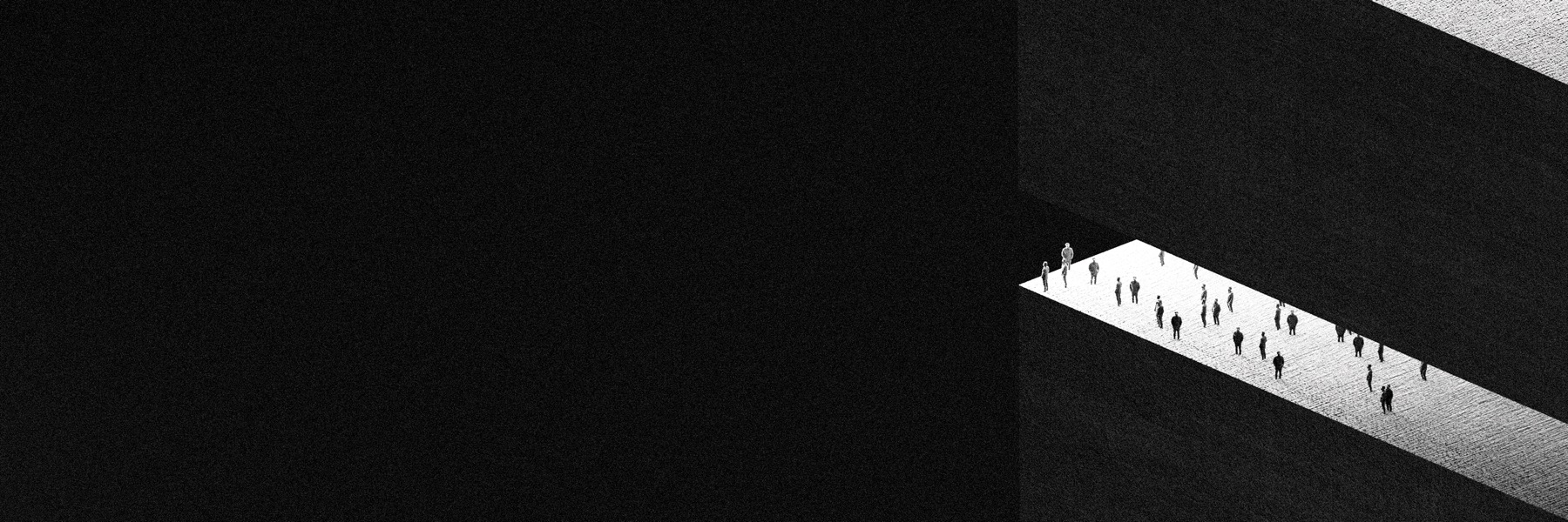 A long illuminated corridor crossing a dark architectural void with small figures standing in the light.